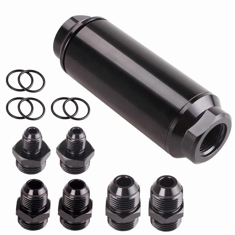 100 Micron Black High Flow Turbo Inline 44mm Fuel Filter with AN10 AN8 AN6 Q
