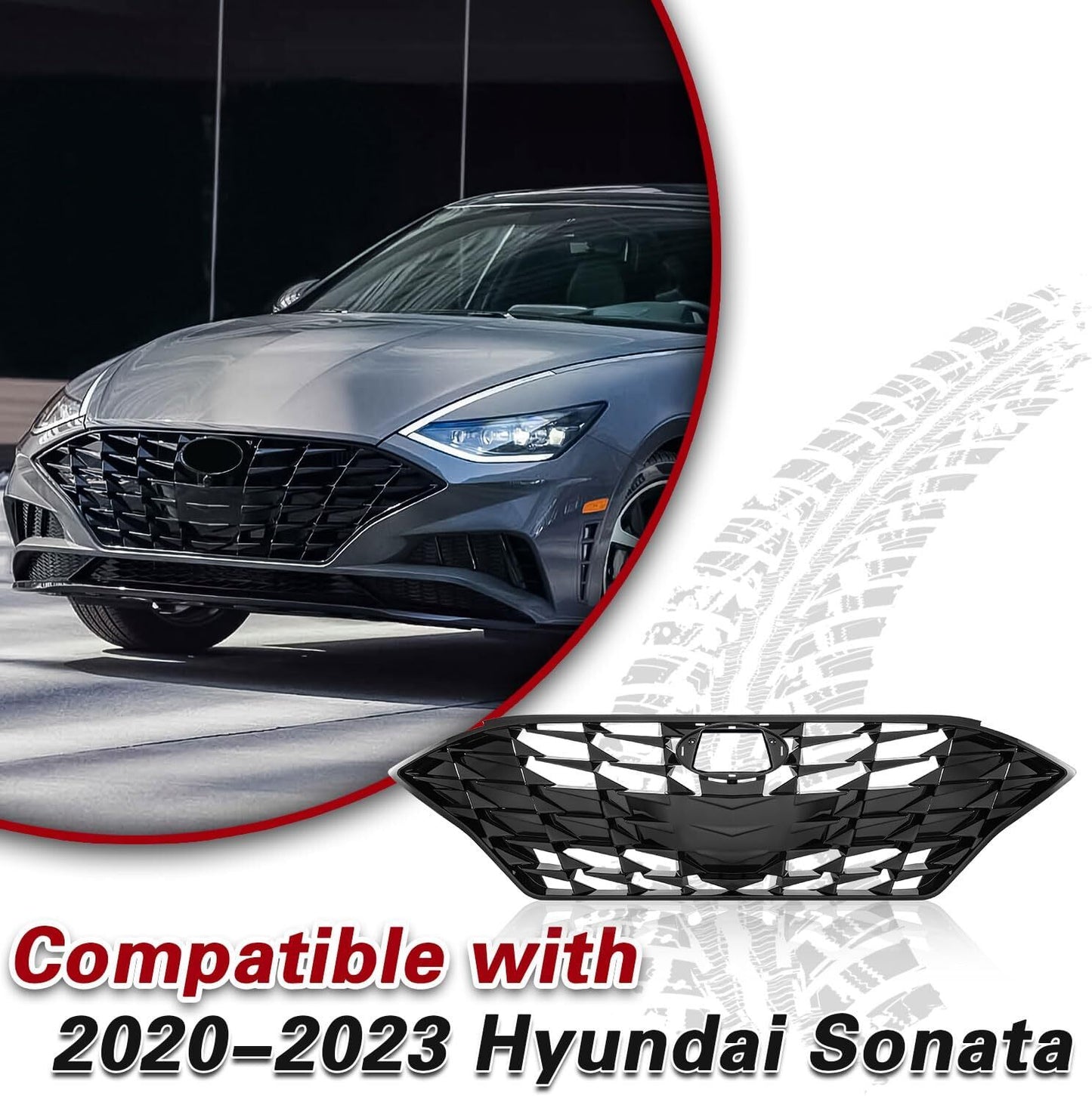 Front Upper Grille W/O Sensor Hole for Hyundai Sonata 2020-2023 Gloss Black n