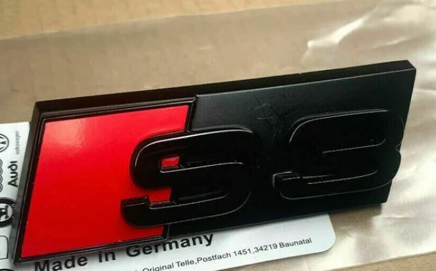Hooded grille rear badge, front and rear trunk badge decals for Audi S3, glossy black.