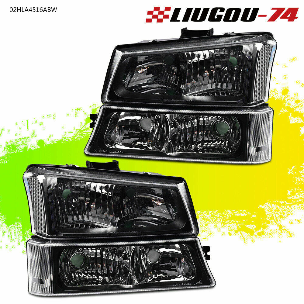 Fits 03-07 Silverado/Avalanche Black Shell Headlight Transparent Signal + Bumper - v