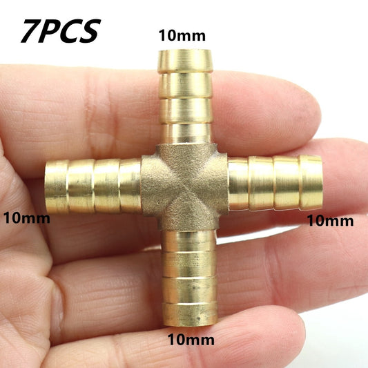 3/8 inch 10 mm hose rod 4-way cross brass fitting threaded for gas, fuel, water, and air 7X