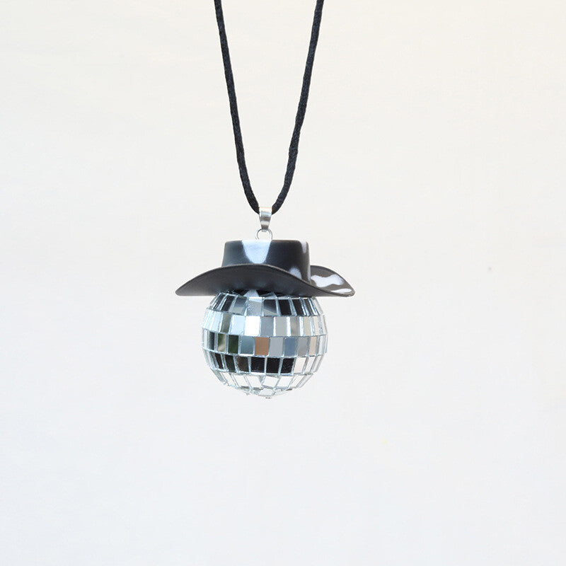 Cowboy Hat Disco Ball Car Ornamen Rearview Mirror Hanging Acessory Rope Cow Blk