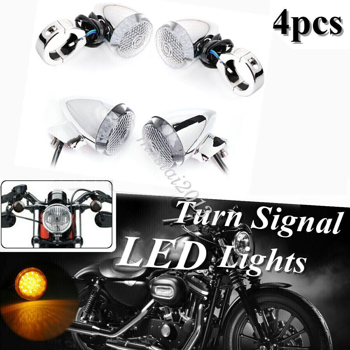 4Pcs Motorcycle Front Rear LED Turn Signal Fork Clamp Light for Harley Chrome Q