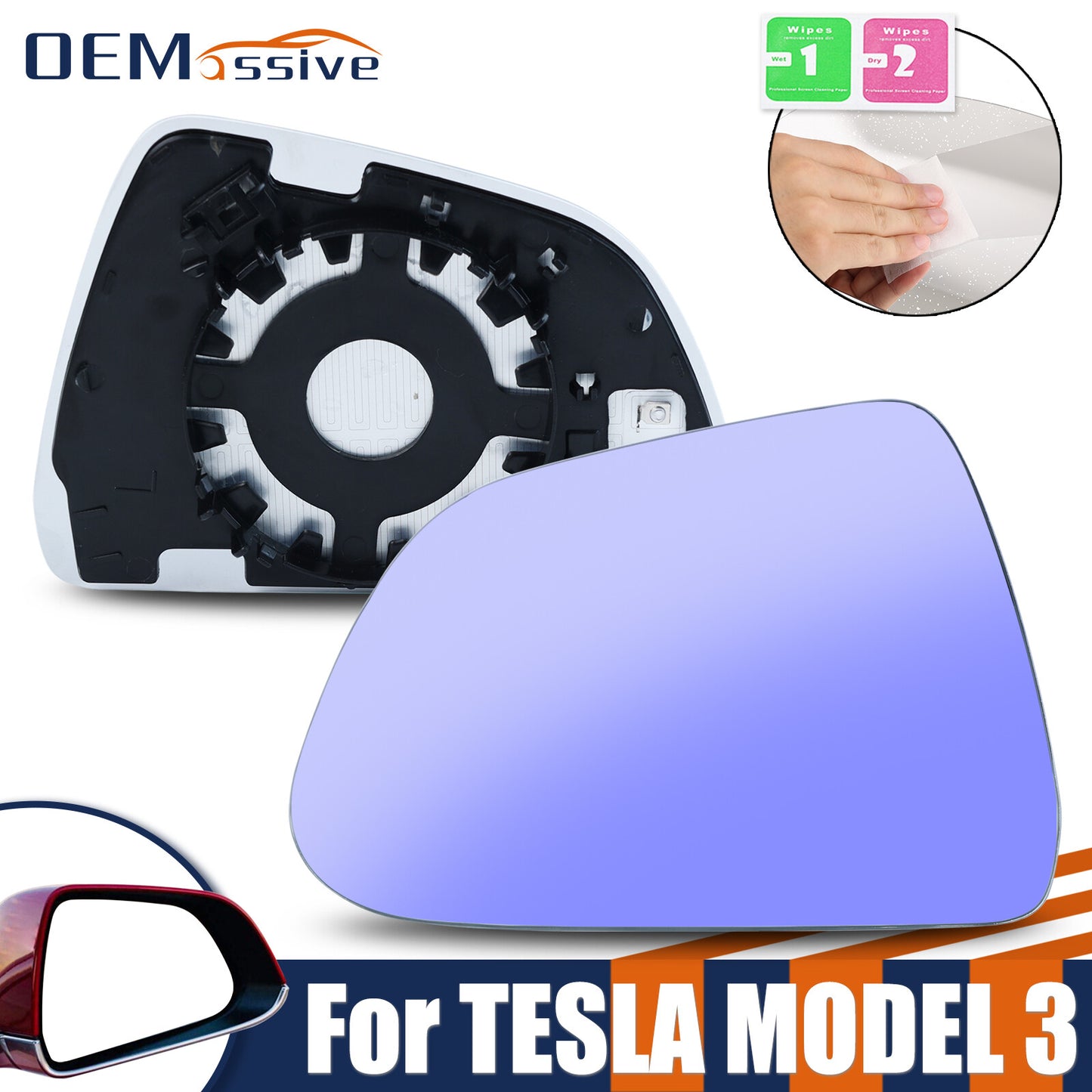 1PCS for Tesla Model 3 2017-2024 Left Side Heated Blue Mirror Glass Anti-Glare Q