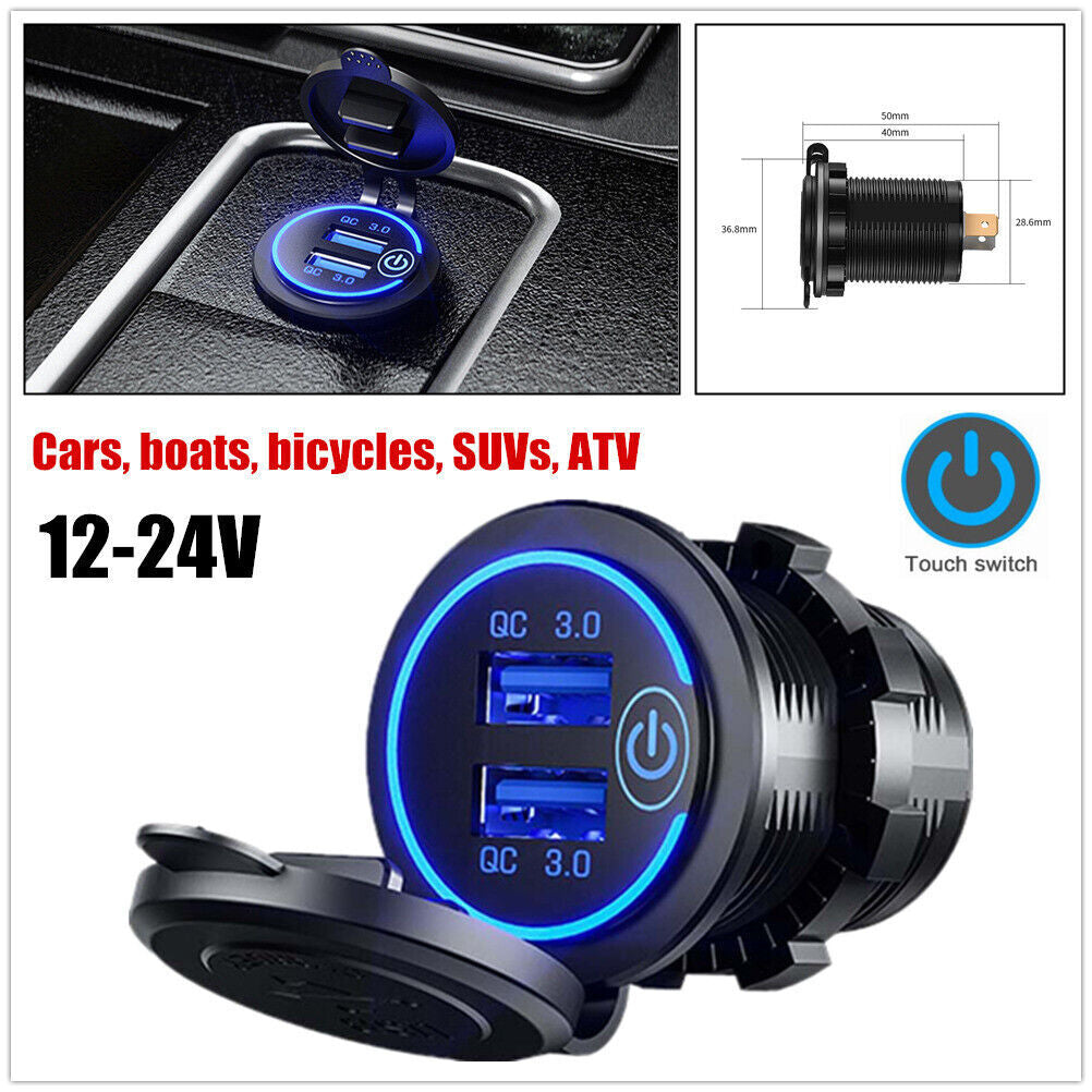 12-24V Car & Motorcycle Touch Switch Charger Socket QC3.0 Dual USB Port Accessories n