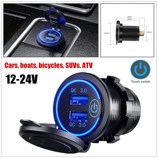12-24V Car & Motorcycle Touch Switch Charger Socket QC3.0 Dual USB Port Accessories n