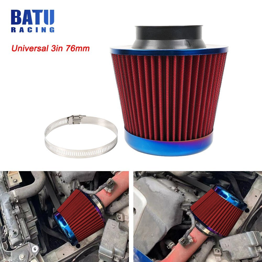 New Red 3 76mm High Flow Inlet Cold Air Intake Cone Replacement Dry Air Filter