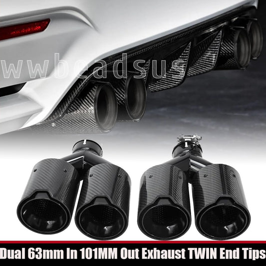 Dual 63mm In 101MM Out Exhaust TWIN End Tips Tail Pipe for BMW Carbon Fiber Q