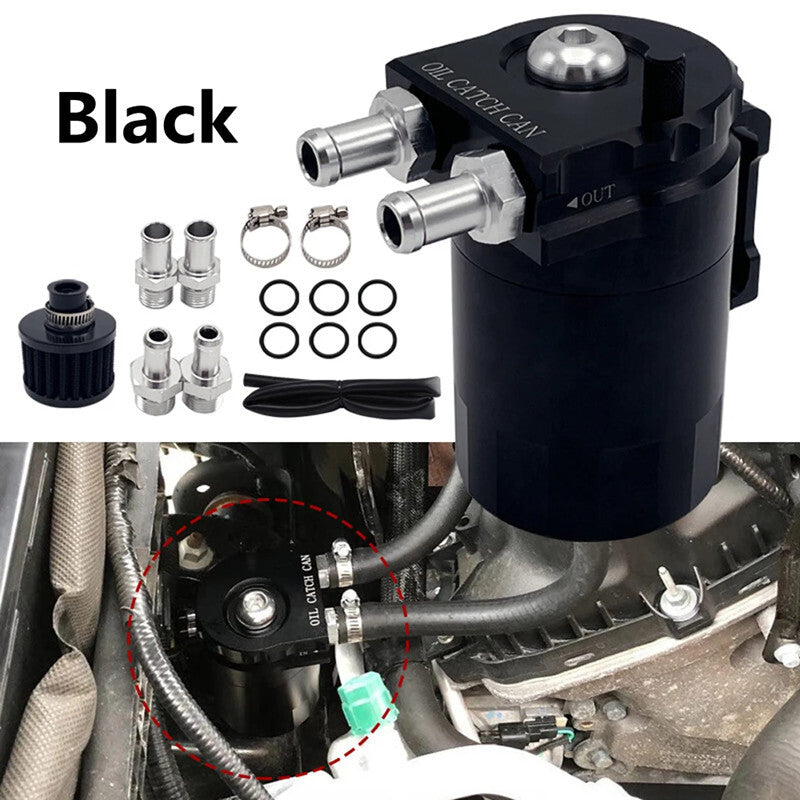 Car Black 2 Port Oil Catch Can Tank Fuel Tank Baffled Drain Air Oil Separator