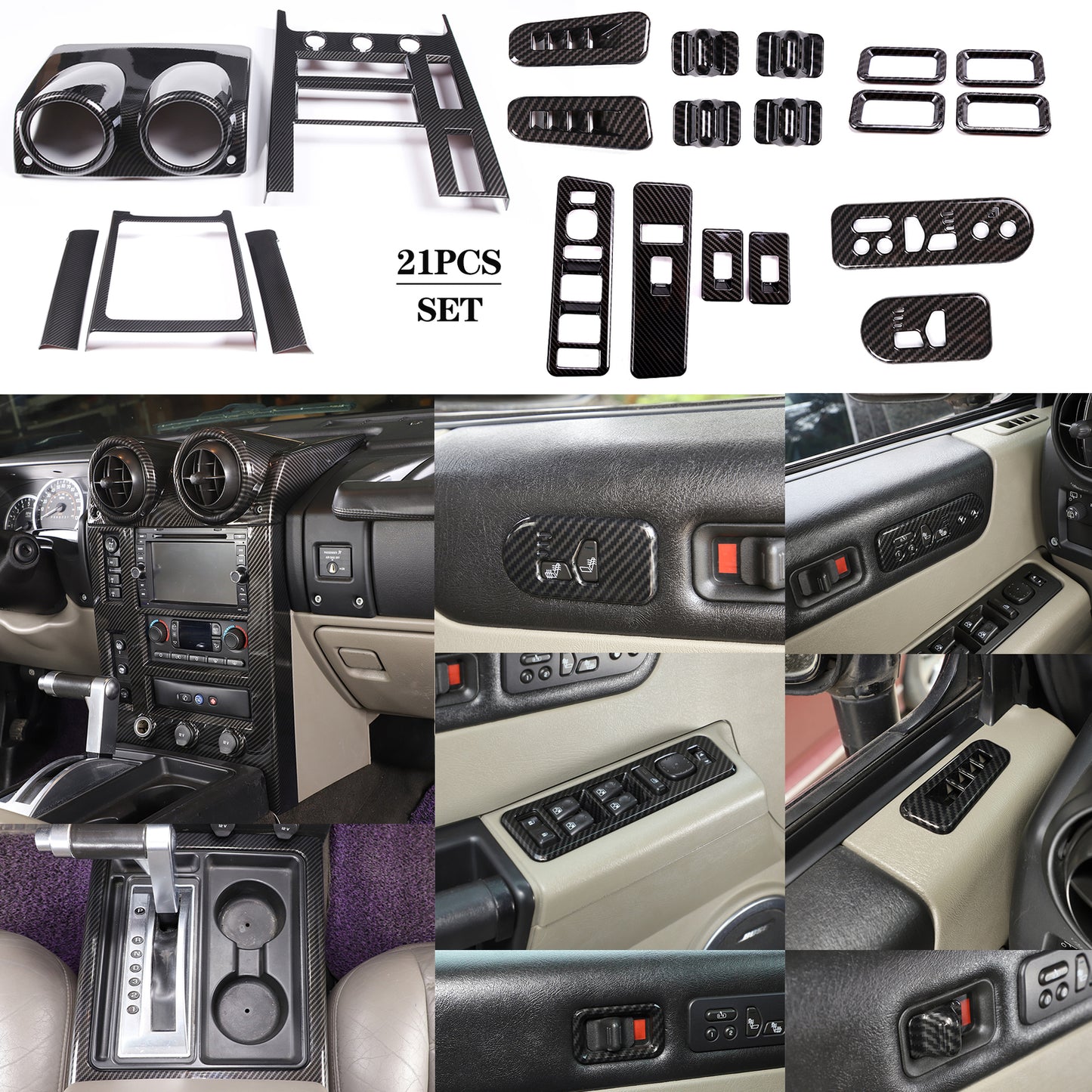 21-Piece Carbon ABS Control Door Internal Switch Knob Cover for Hummer H2 (2003-2007)