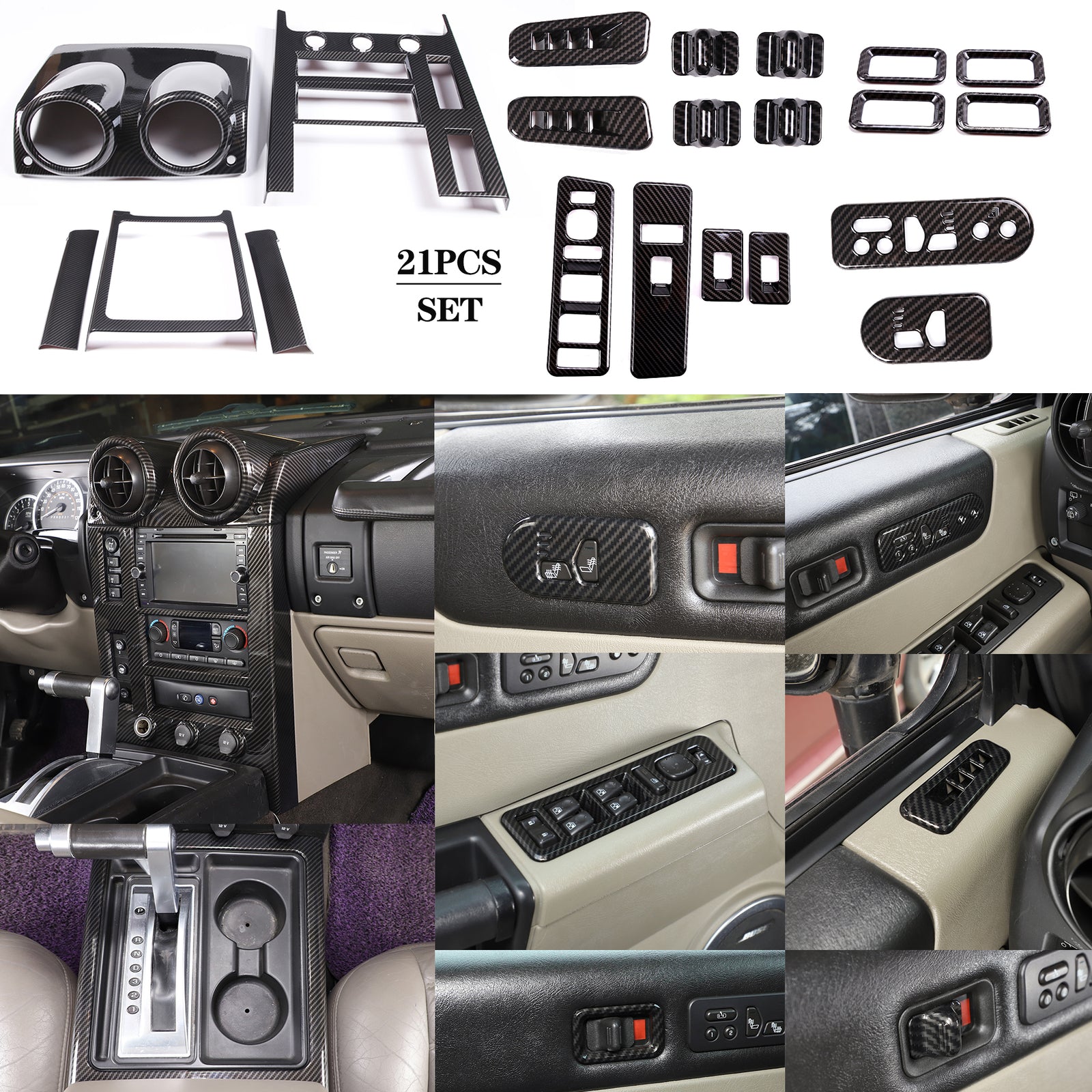 21-Piece Carbon ABS Control Door Internal Switch Knob Cover for Hummer H2 (2003-2007)