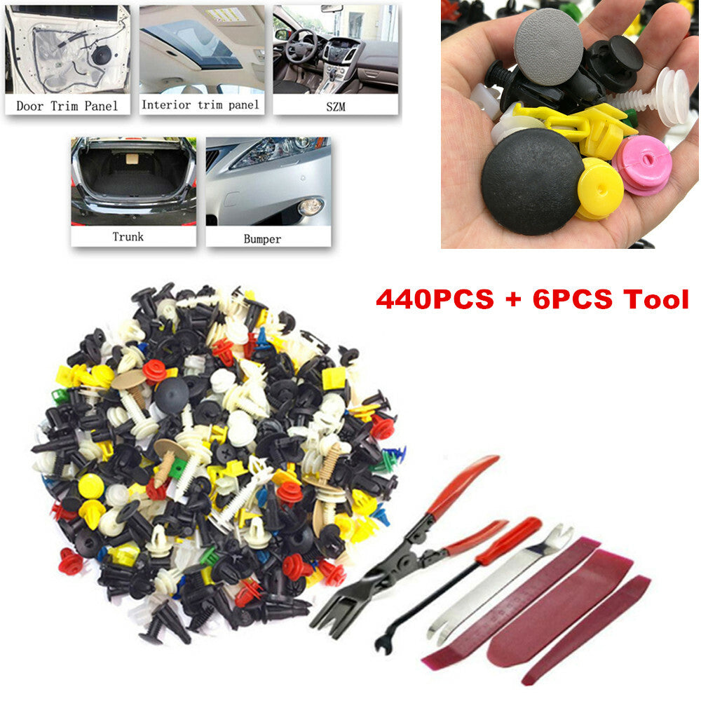 440-piece pack of mixed plastic automotive fasteners, including door bumper fender liners, rivet clips, and tools. n