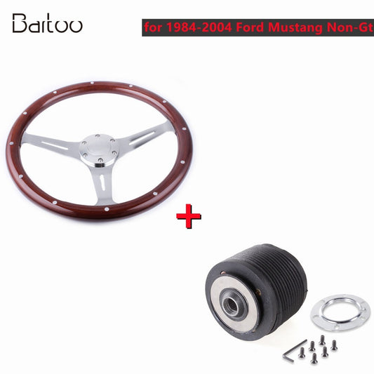 15IN Steering Wheel Wood Grip with Rivets+Hub Adapter for 1984-2004 for Ford for Mustang