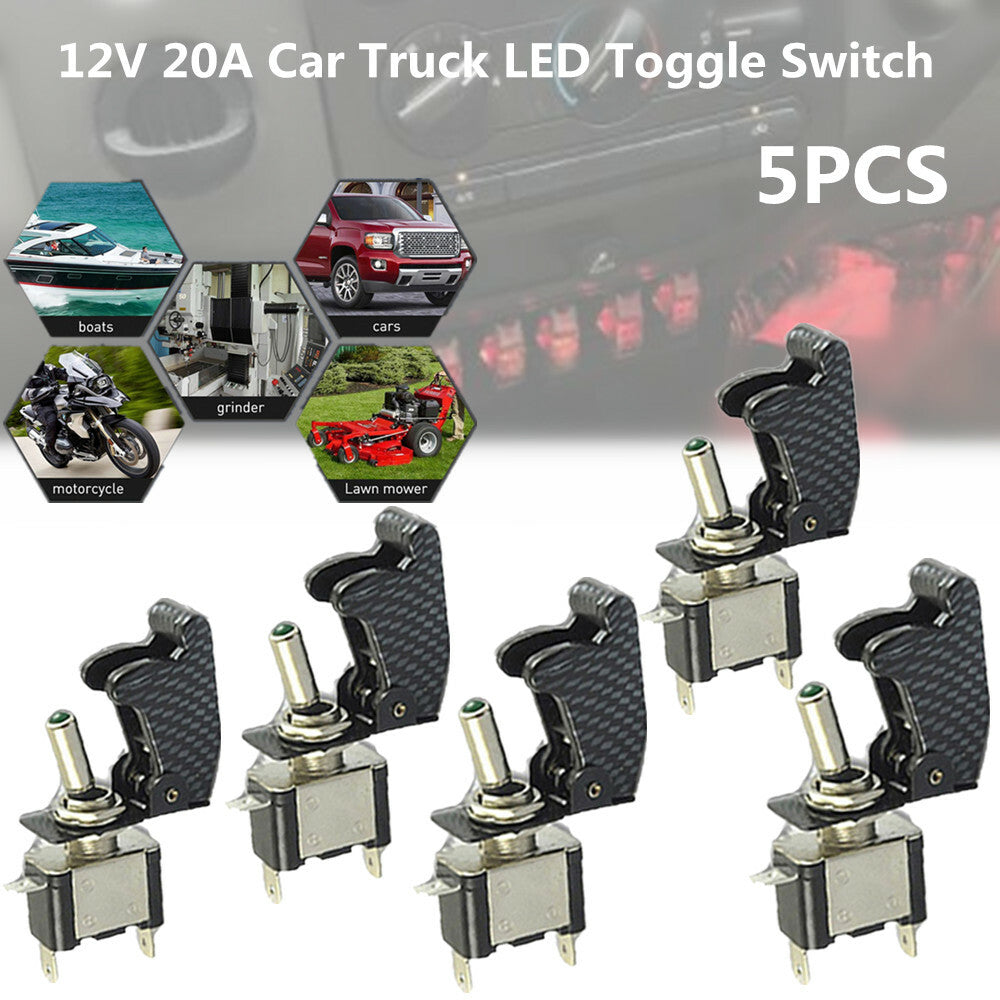 5-Piece Pack 20A Car SUV Truck Yacht Carbon Fiber Cover LED Light Rocker Switch - n