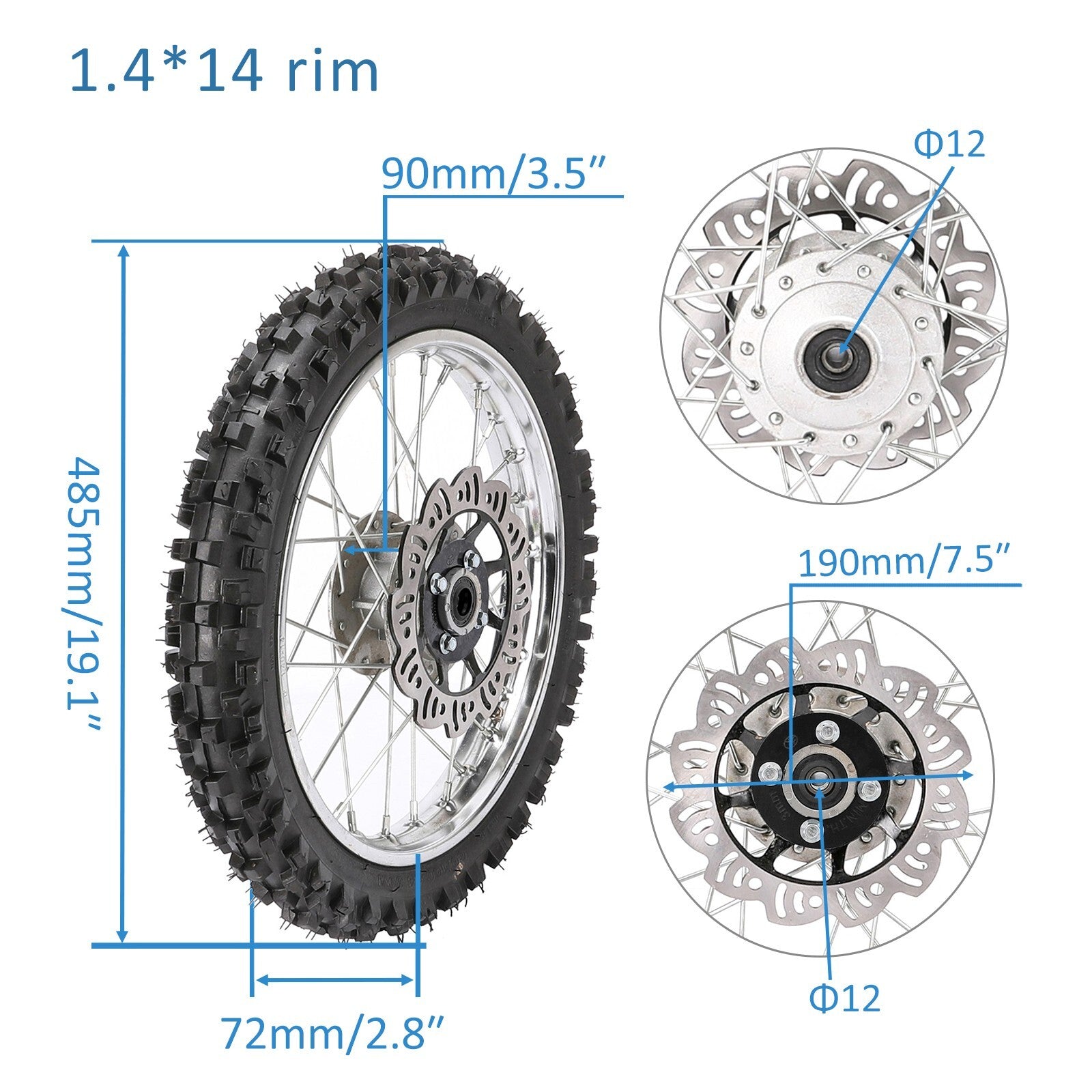 80/100-12 and 60/100-14 front and rear tire rims are suitable for SSR 125cc and 110cc Pit bicycles.