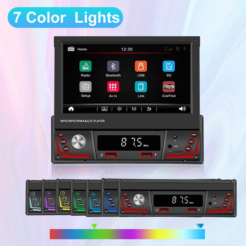 7-inch flip touchscreen single 1 DIN car stereo radio with Bluetooth mirrored connection for MP5 players. n