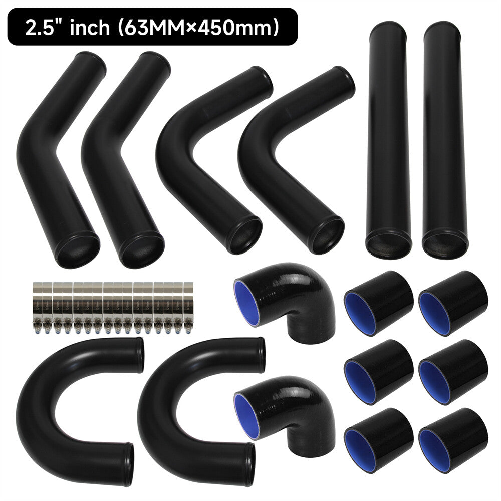2.5 63mm Universal Intercooler Turbo Boost Air Pipe Hose Kit L=450mm 8PCS Black