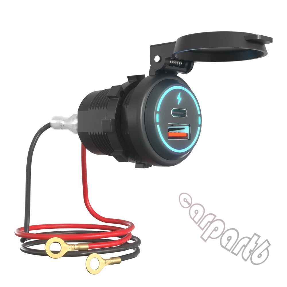 Car Cigarette Lighter Socket Dual USB Type-C Quick Charging Power Outlet w/Wire