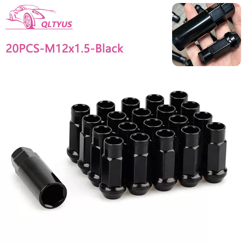 20PCS 48mm M12x1.5 Lug Nuts Steel Open End Wheel Nuts Bolts Black W/ Socket Key