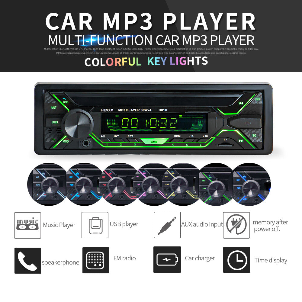 7 LED Color Single DIN Bluetooth Car Stereo Radio Audio MP3 Player USB FM AUX n