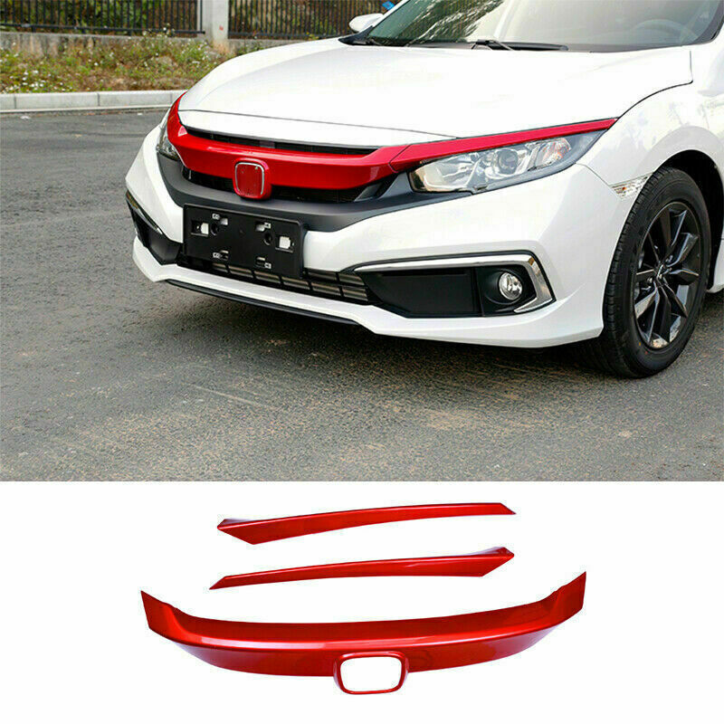 3x for Honda for Civic 2016-21 Red Front Bumper Mesh Grill Grille Molding Cover trim
