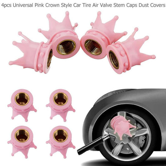 4-Piece Pack of Car Wheel Tire Valve Stem Covers, Dust Covers, Truck and Bicycle Pink Crowns