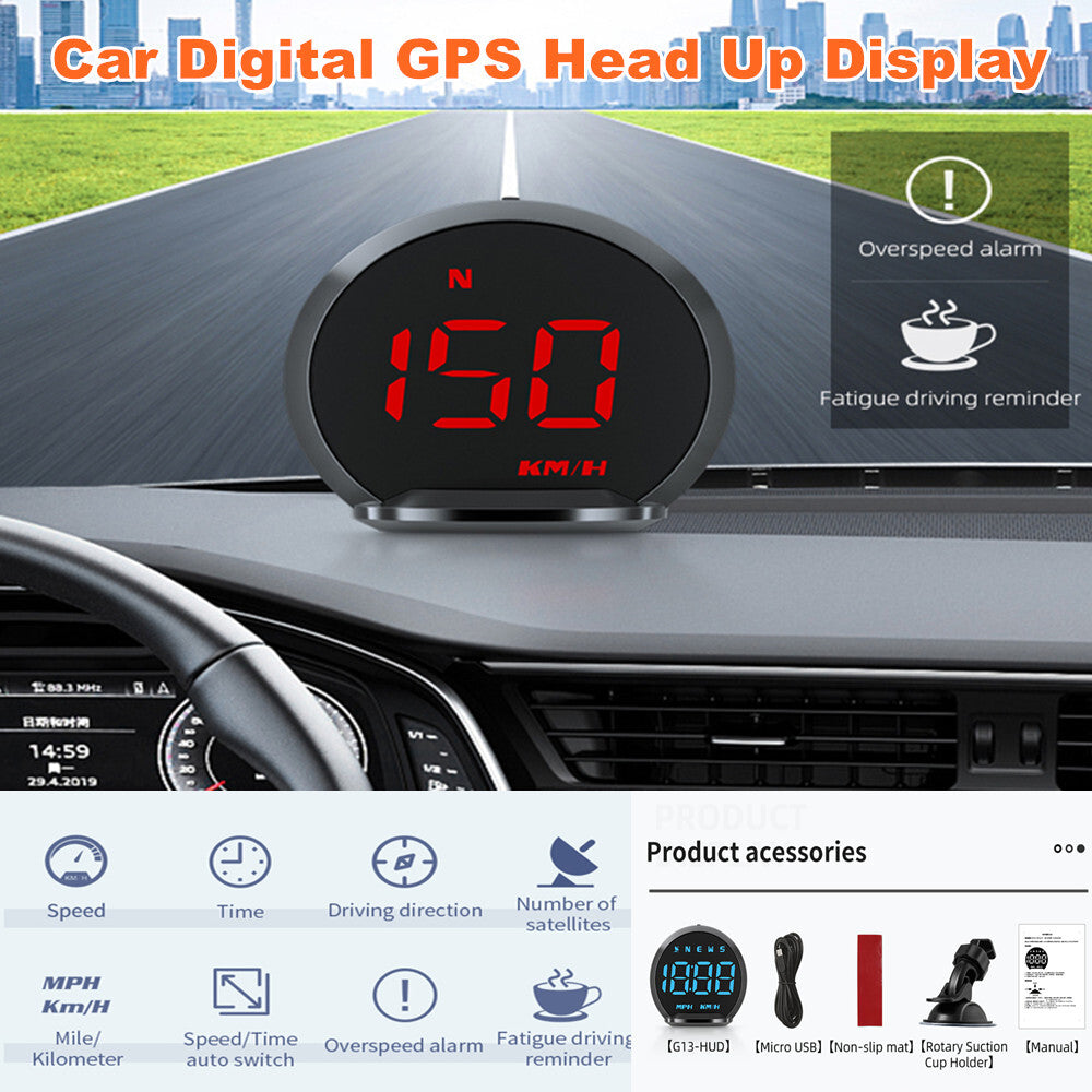 Car GPS Head-Up Display (HUD) with LED Speedometer, Overspeed Alarm, USB Plug and Play n