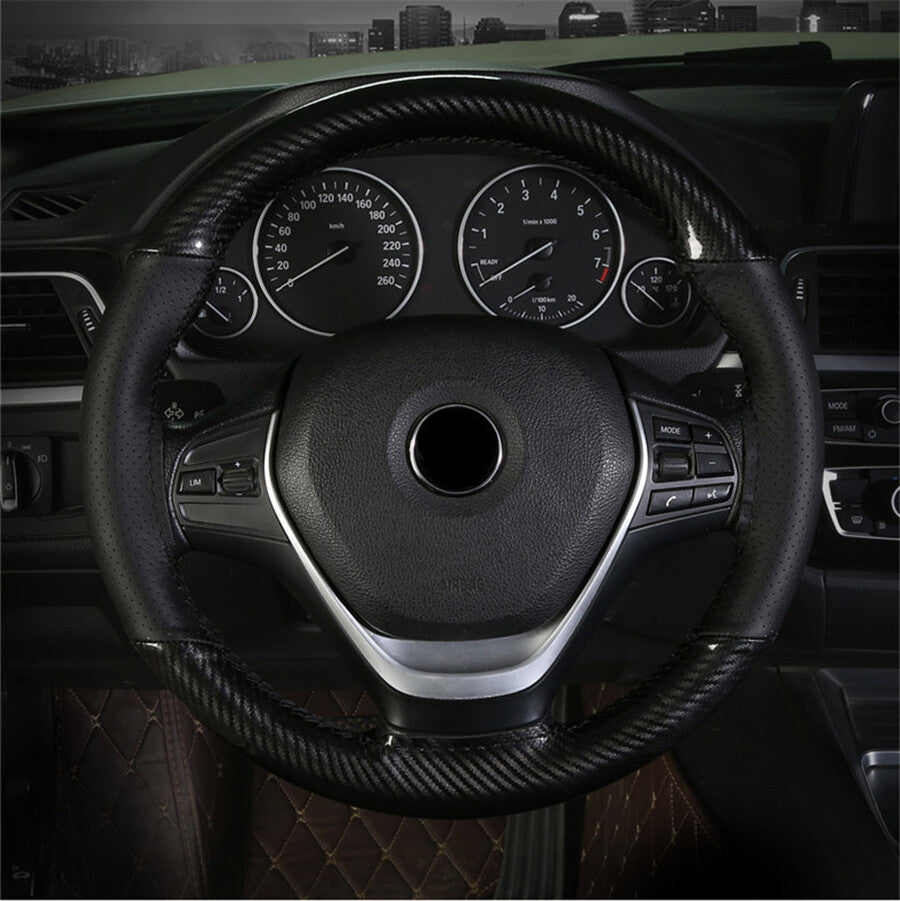 Car Steering Wheel Cover PU Leather Protector DIY Glossy Carbon Fiber Look Trim