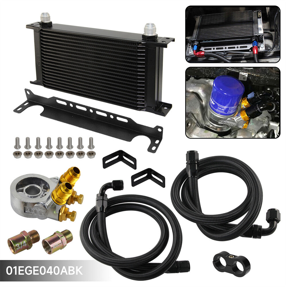 Universal 19 Row Oil Cooler Kit Thermostat Adapter 3/4 x16UNF +Braided Hose Line