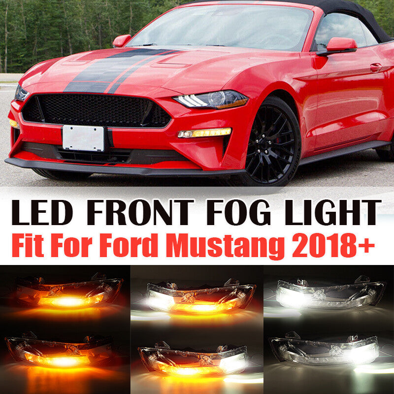 A pair of fog lights for 2018-2022 for Ford for Mustang LED DRL sequential turn signal operation.