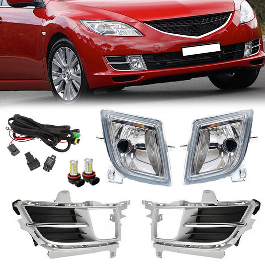 Set LED Front Fog Light Lamp Chrome Cover Wiring Switch for Mazda 6 2009-2010