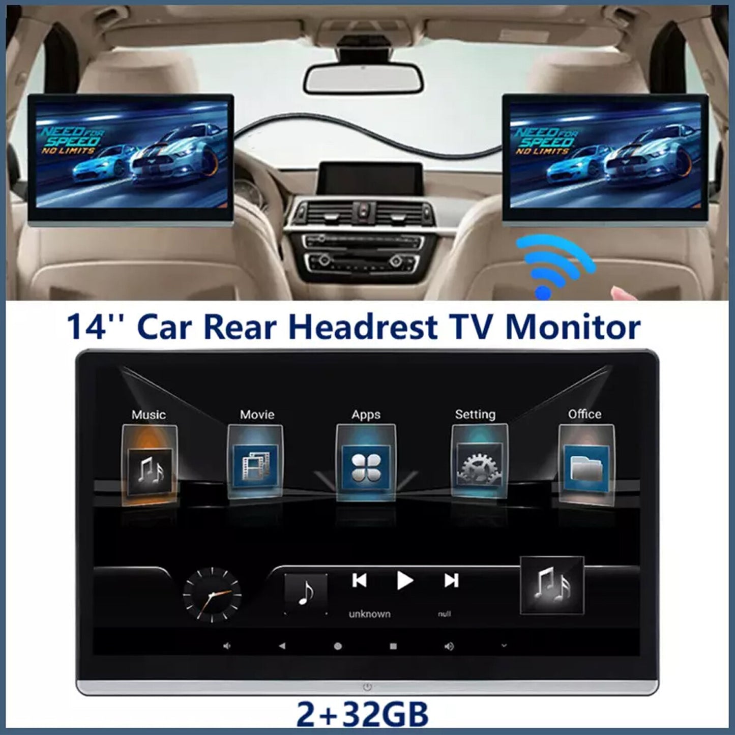 14 Android 12 Headrest Monitor Video Player Car TV Touch Screen WiFi USB 2+32G
