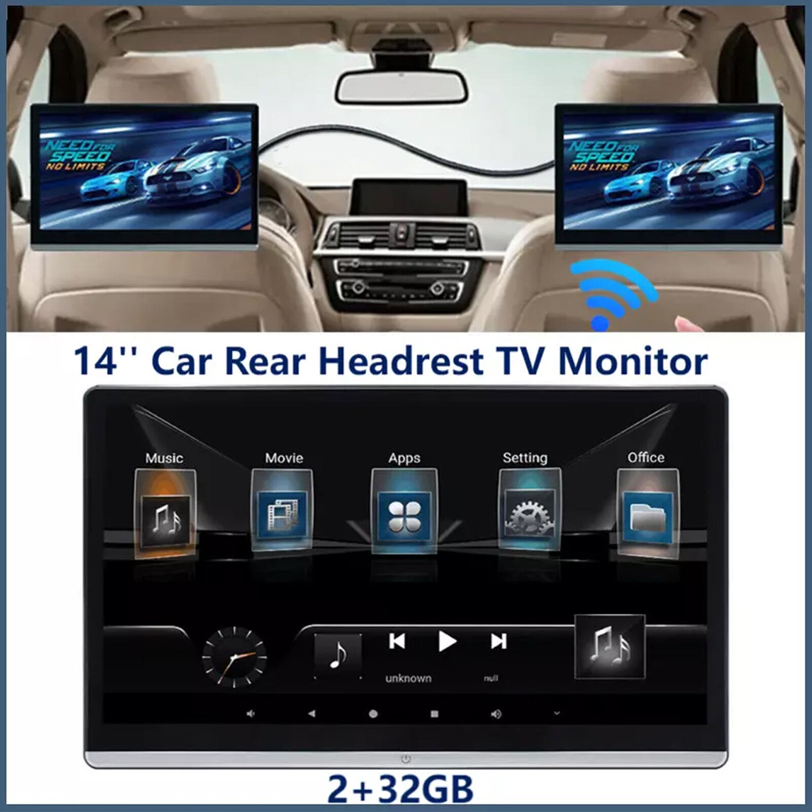 14 Android 12 Headrest Monitor Video Player Car TV Touch Screen WiFi USB 2+32G