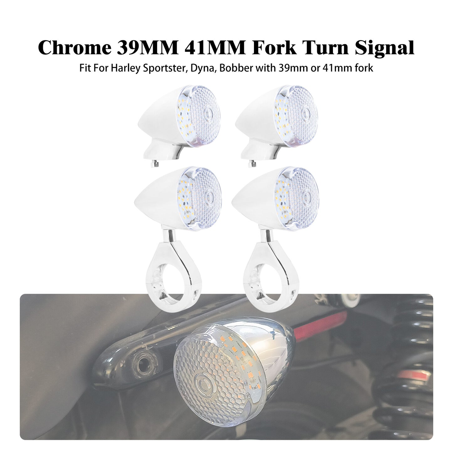 4x Chrome Front Rear LED Turn Signal Light 39 41mm Fork w/ Clear Lens for Harley Q
