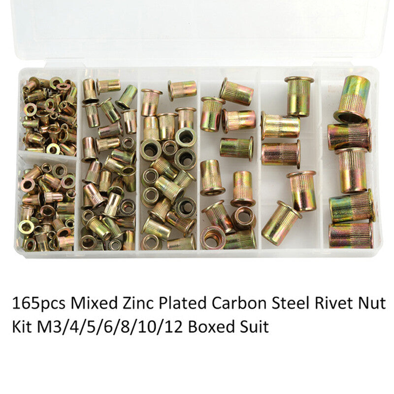 165pcs Mixed Zinc Plated Carbon Steel Rivet Nut Threaded Insert Nut Set v