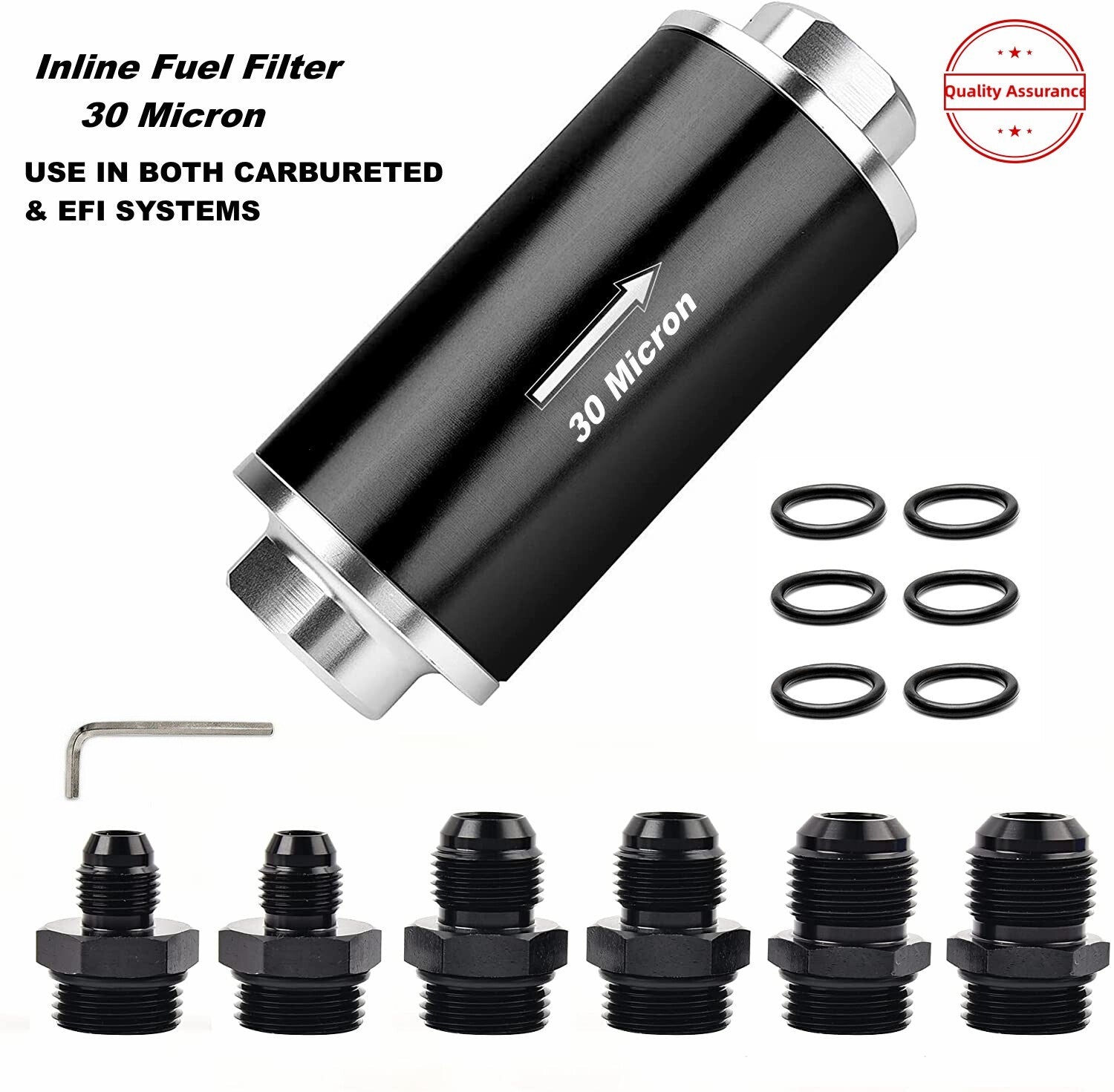 Inline fuel filter 30 microns with 6/8/10AN adapter and bracket clip 50mm universal