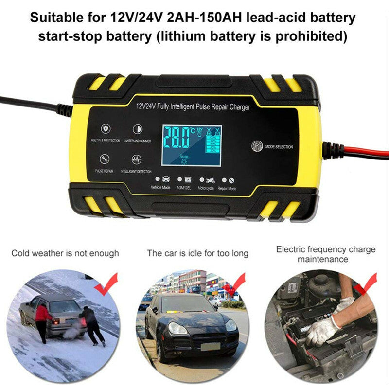 Car Automatic for Smart Battery Charger Maintainer Pulse Repair LCD Display EU Plug