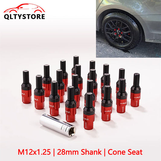 20x M12x1.25 Wheel Lug Bolt 28mm Shank Cone for Seat Stud for Most Aftermarket Red Q