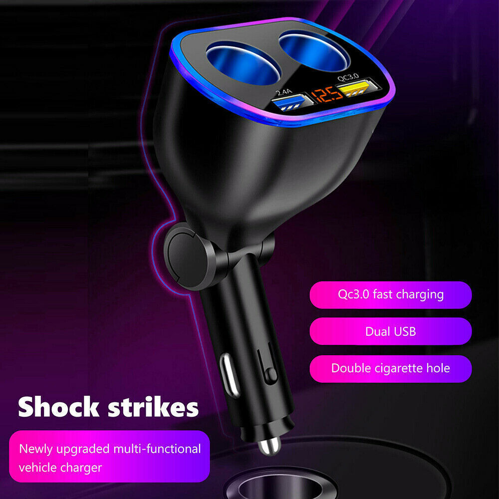 DC12V 2 Way QC3.0 Car Cigarette Lighter Socket Splitter Dual USB Charger Adapter