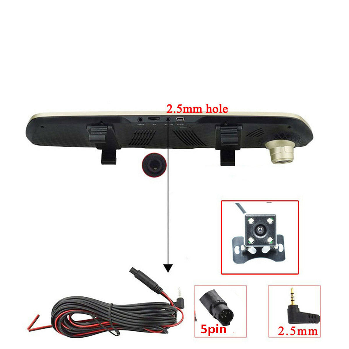 2.5mm Jack 5 Pin Car Reverse Rear View Camera 140° 4LED Night Vision Waterproof