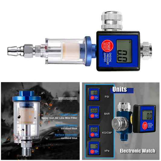 1/4 Spray Gun Digital Paint Air Pressure Regulator Gauge Water Trap Filter Tool