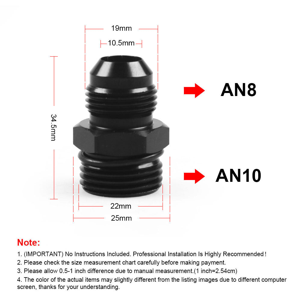 2Pcs ORB 10AN to 8AN Flare Male Fuel Rail Adapter Fitting Black Aluminum
