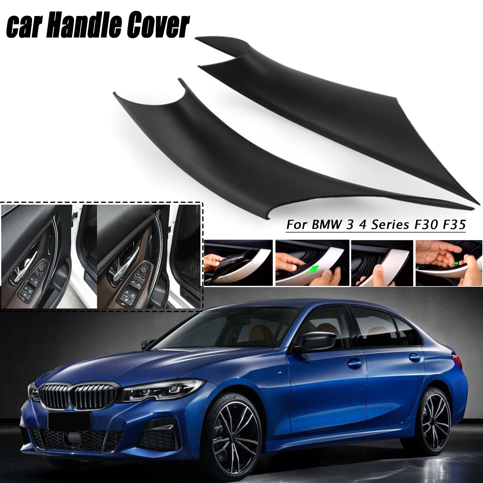 A pair of black inner door handle cover protectors for BMW 3 Series, 4 Series, F30, F35