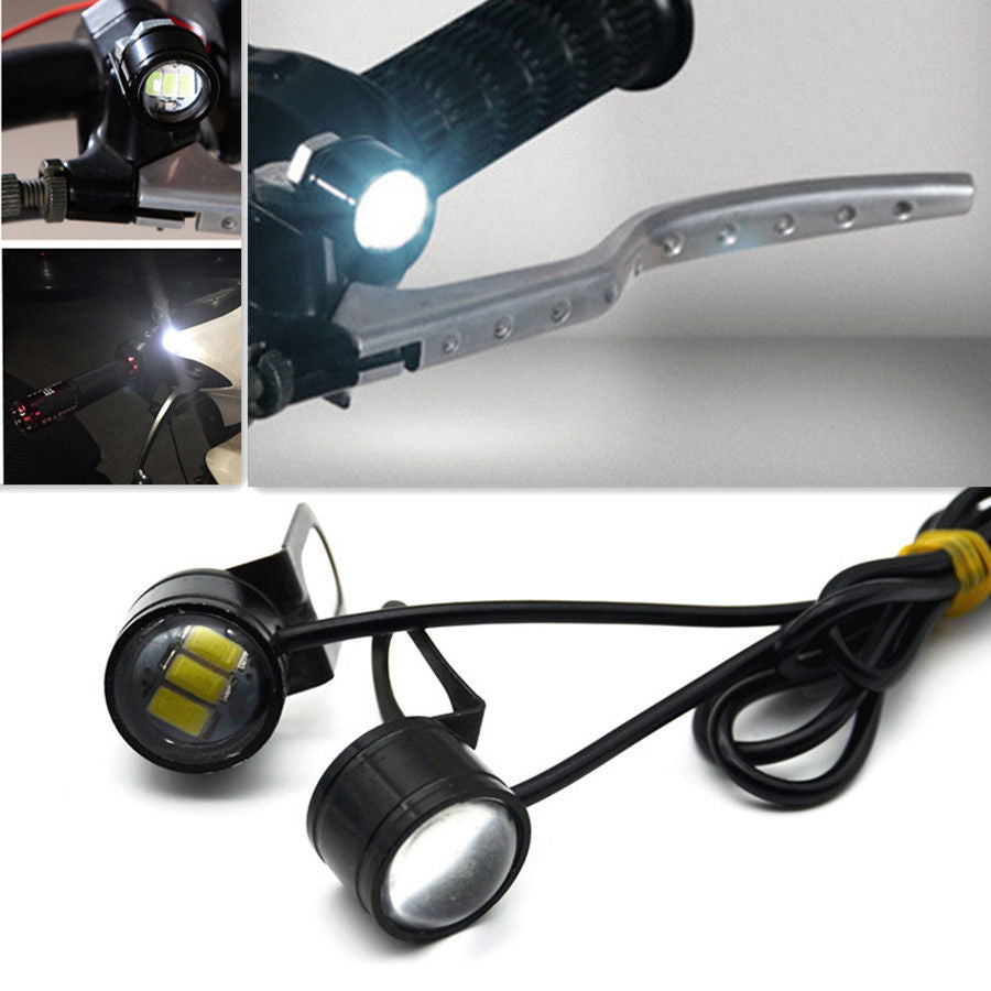 2 Pcs White Motorcycle Handlebar Rearview Mirror LED Daytime Running Lens Light