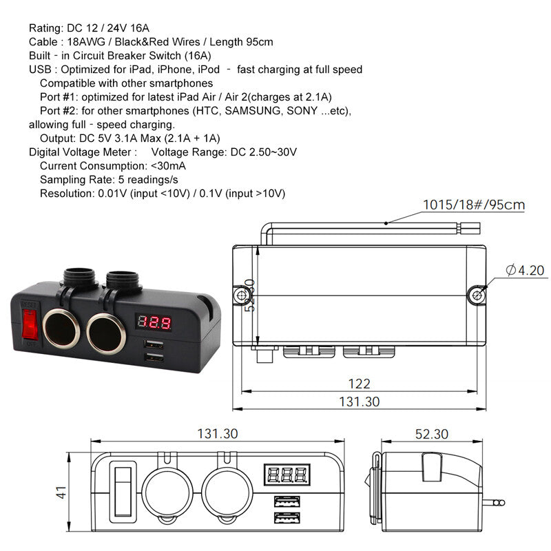 LED 12/24V Car Truck Fast Charger Socket with Dual USB Ports, Voltmeter and Rocker Switch n