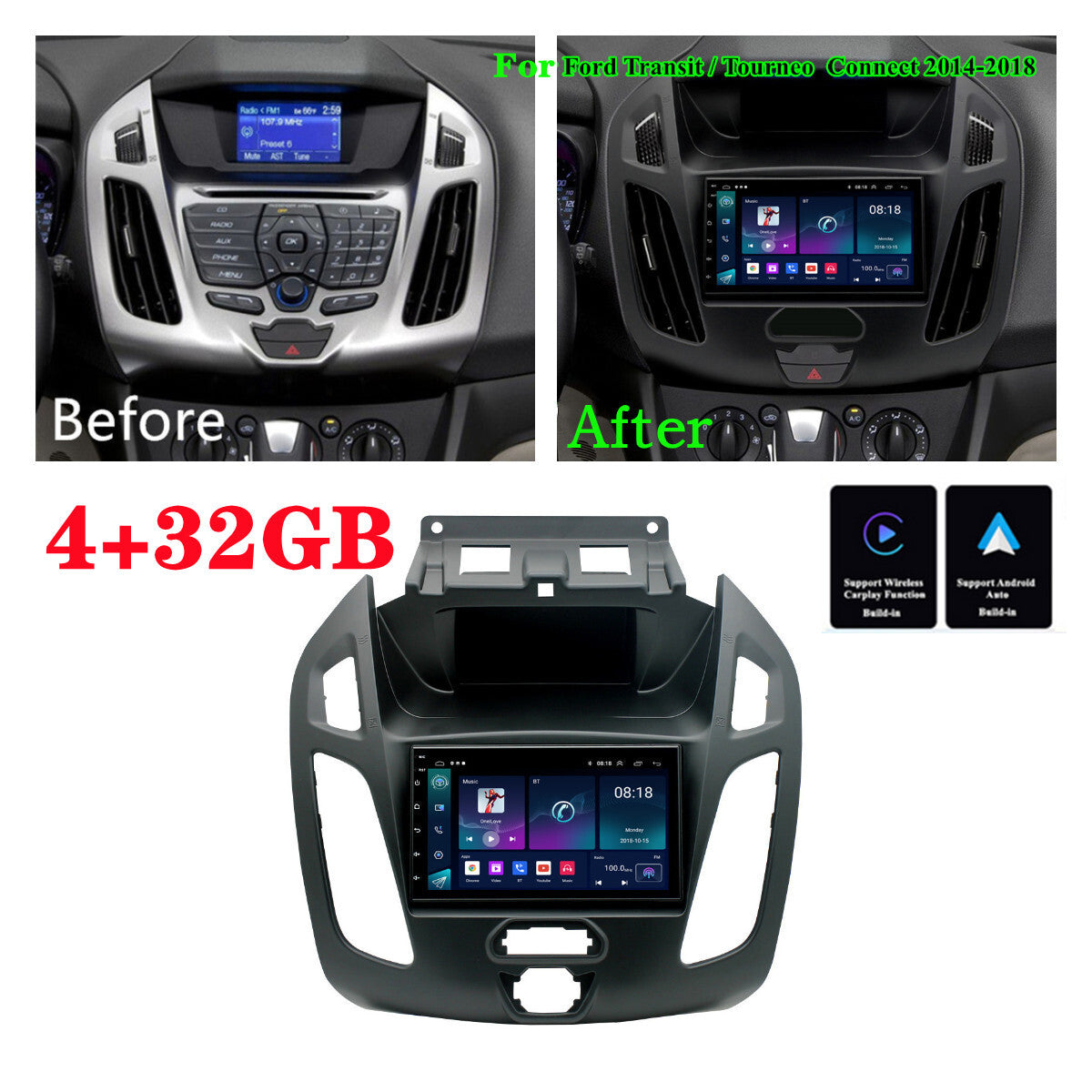 For 14-18 for Ford Transit Connect Carplay 4+32GB Stereo Radio GPS FM WIFI Player 7