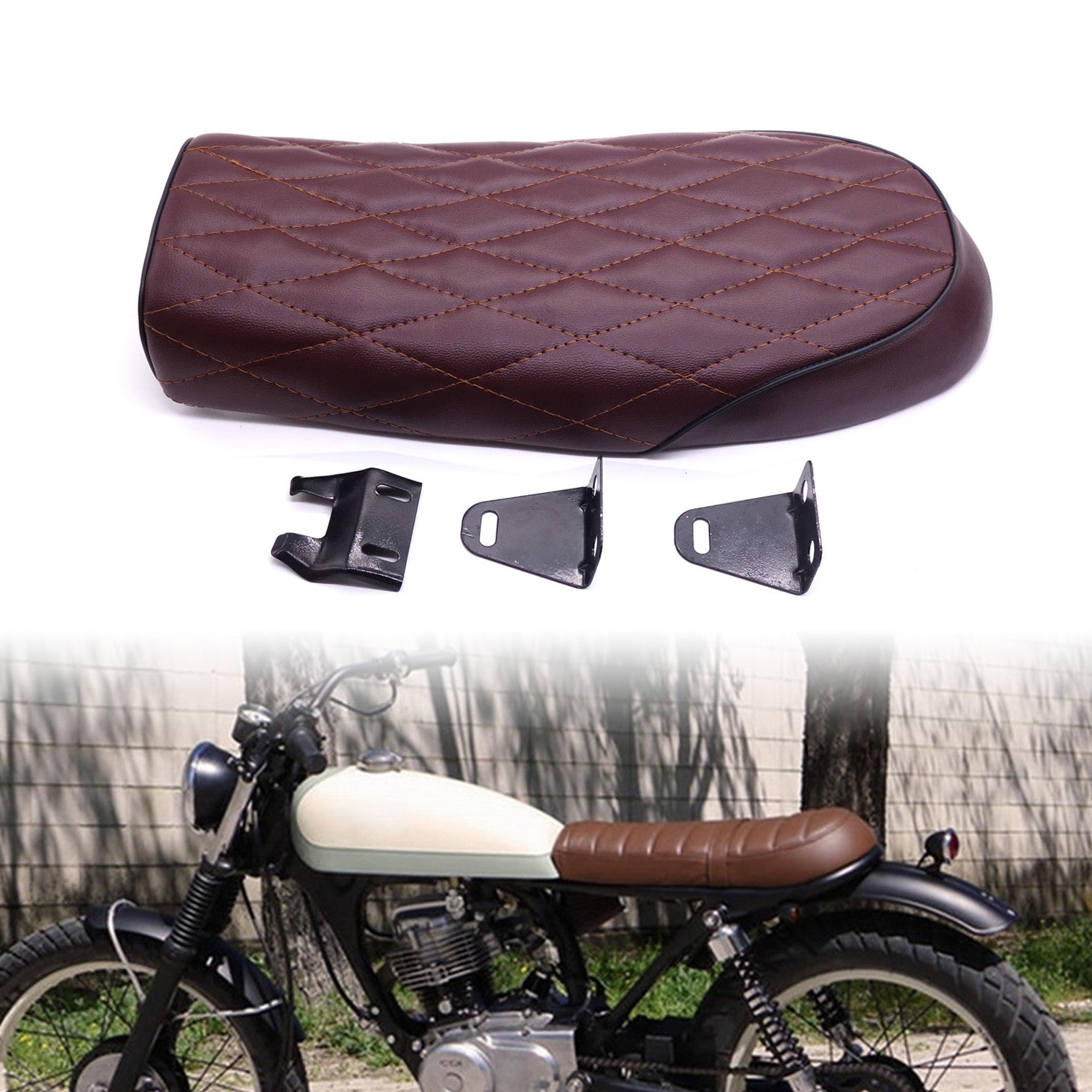 Brown Diamond Flat Brat Saddle Vintage Cafe Racer for Seat for Honda CB200 CB350 Q