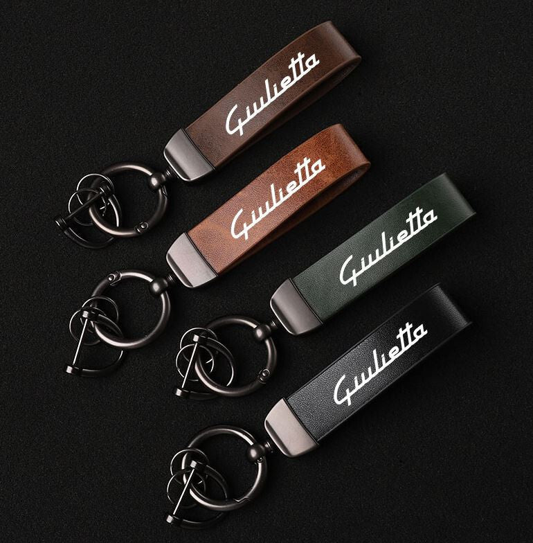 Brown leather horseshoe buckle for Alfa Romeo Giulietta car keychain/key ring.