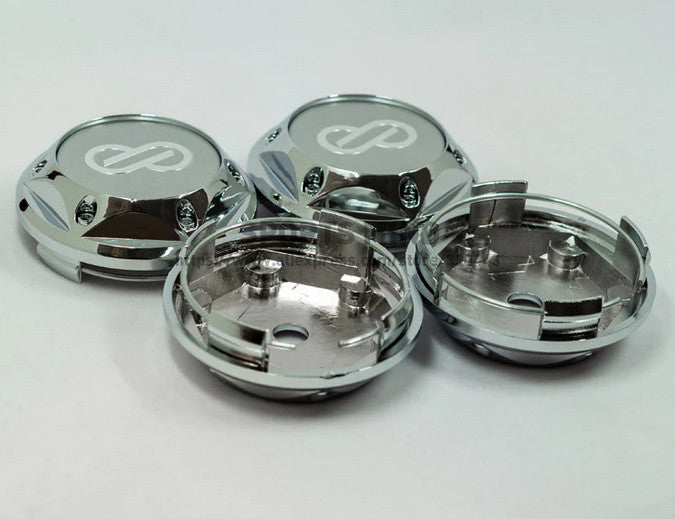 4-piece set of 68mm Enkei badge wheel center caps, hubcaps, and rim caps in silver chrome.
