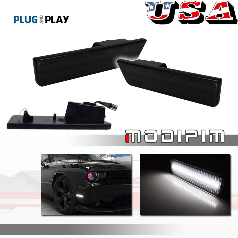 2pcs Smoked Lens Pure White LED Front Side Marker Lights for 08-14 for Dodge for Challenger - v